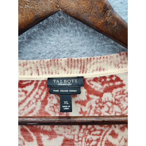 Talbots XL Red & White Floral Pure Italian Merino Wool Button-Up Cardigan Sweate - Picture 2 of 4